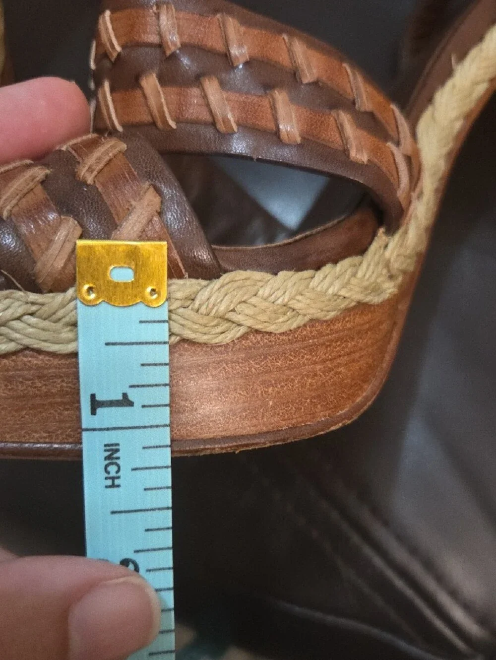 Cole Haan Vanessa Nike Air Brown Woven Leather Platform Heels Ankle Strap Sz 10